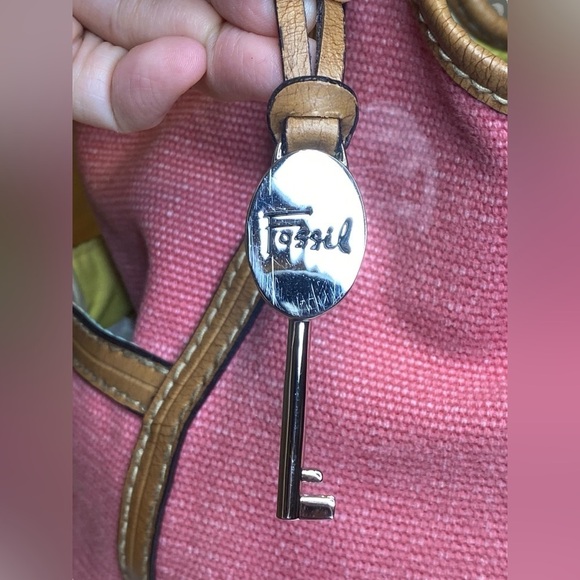 Fossil Modern Vintage Pink Canvas & Leather Convertible Crossbody Satchel Bag - Picture 6 of 15